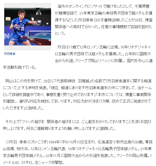 日本體育界又涉賭博丑聞 乒乓名將丹羽孝希被查