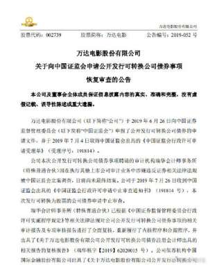 萬達(dá)電影申請(qǐng)恢復(fù)公開發(fā)行可轉(zhuǎn)債事項(xiàng)審查